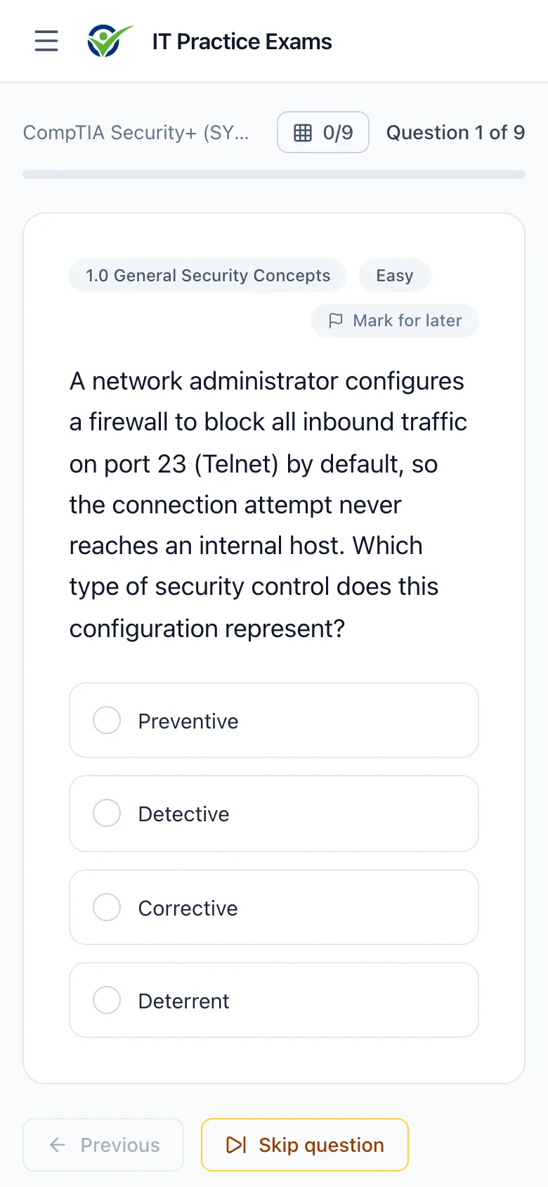 A Security+ practice question on a phone, with its answer choices