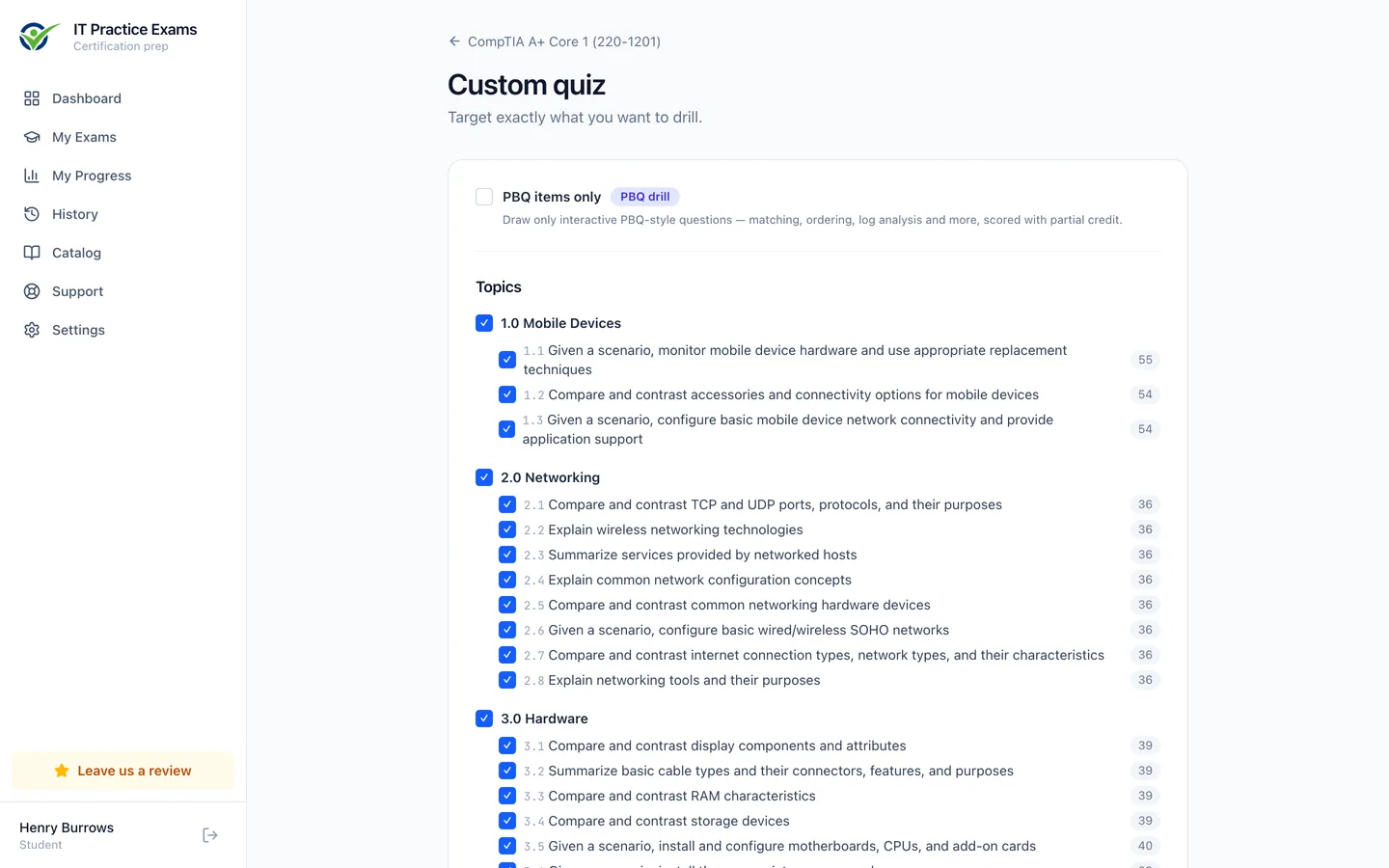 The custom quiz builder for A+ Core 1, filtering by domain, objective and difficulty