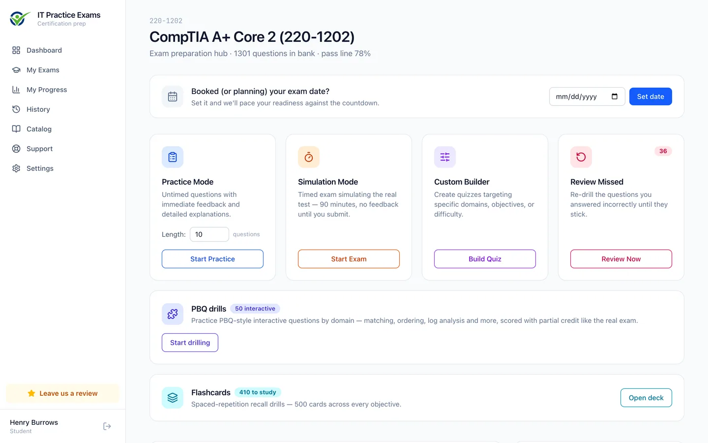 The A+ Core 2 exam hub: practice mode, timed simulation, custom quiz builder, review of missed questions, and readiness by domain