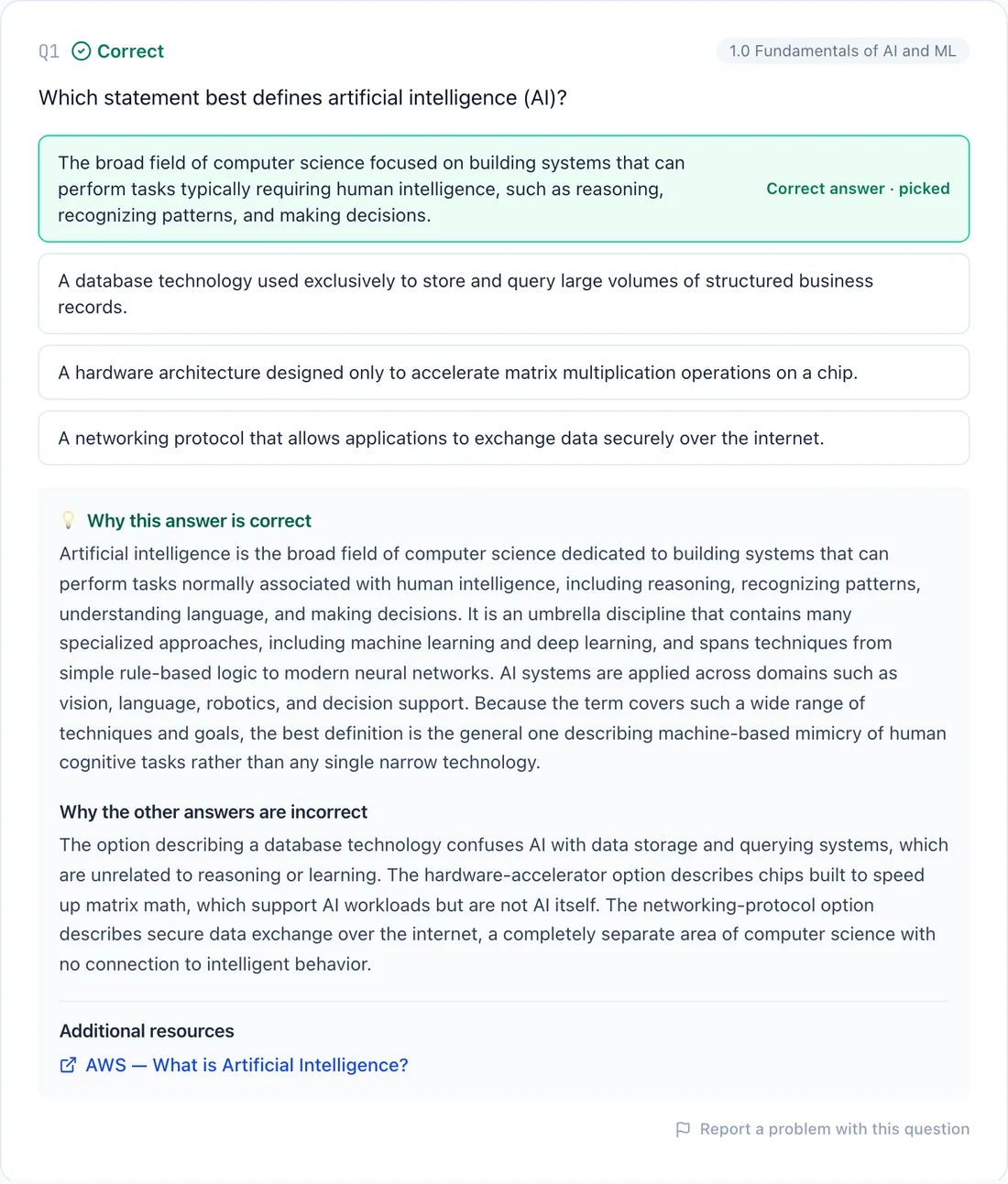 A graded AI Practitioner question with the correct answer marked and the explanation shown
