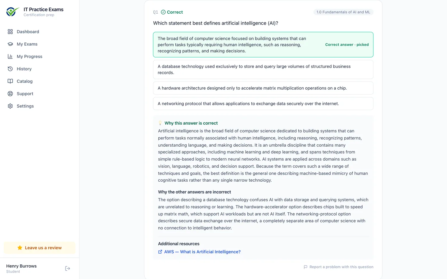 The AI Practitioner answer review, showing each question graded with its full explanation