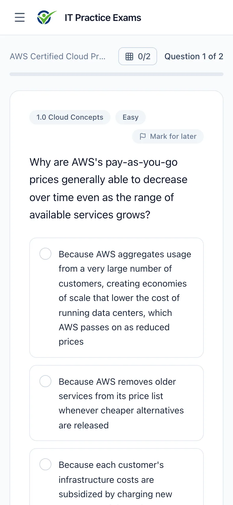 An Cloud Practitioner practice question on a phone