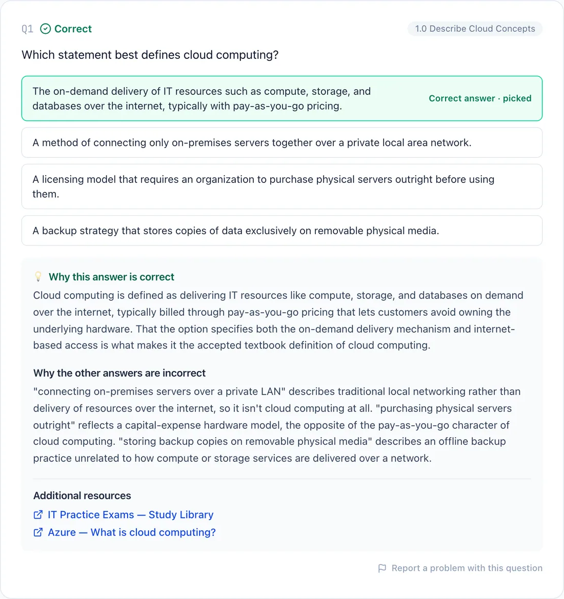 A graded Azure Fundamentals question with the correct answer marked and the explanation shown