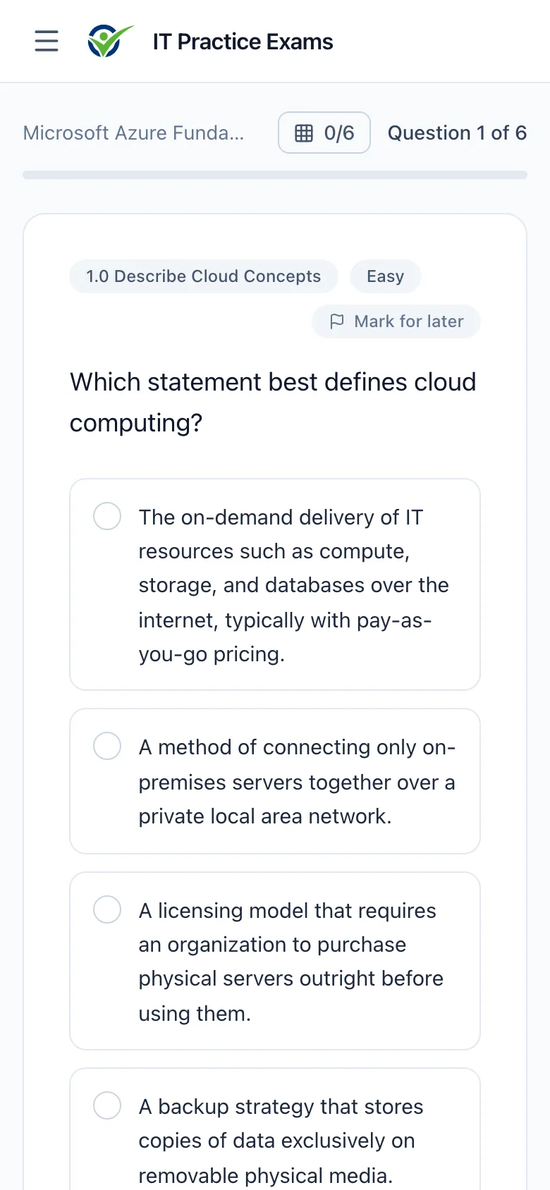 An Azure Fundamentals practice question on a phone