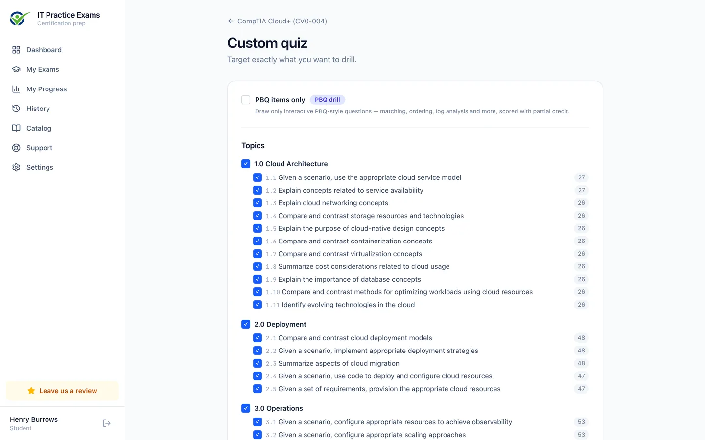 The custom quiz builder for Cloud+, filtering by domain, objective and difficulty