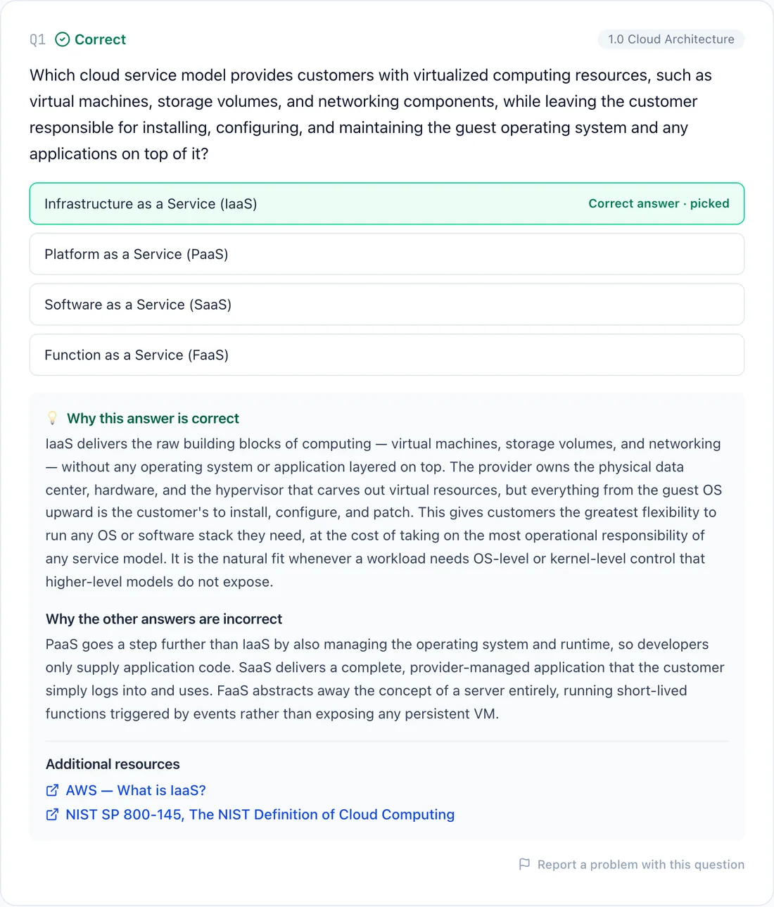A graded Cloud+ question with the correct answer marked and the explanation shown