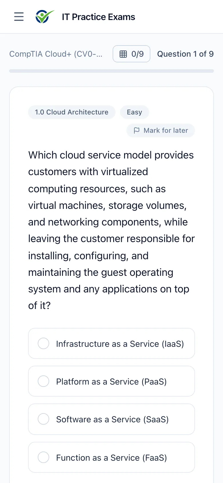 An Cloud+ practice question on a phone