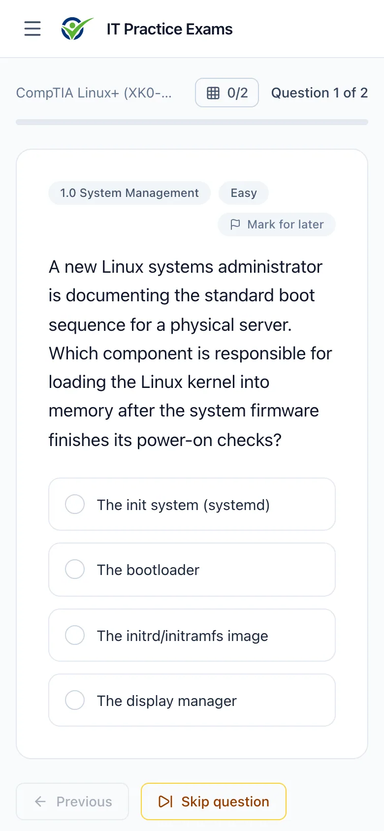 An Linux+ practice question on a phone