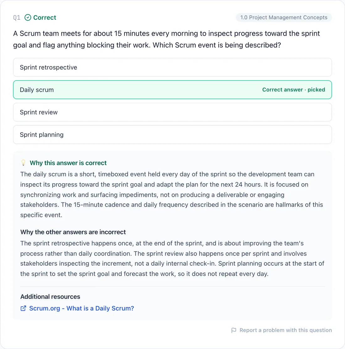 A graded Project+ question with the correct answer marked and the explanation shown