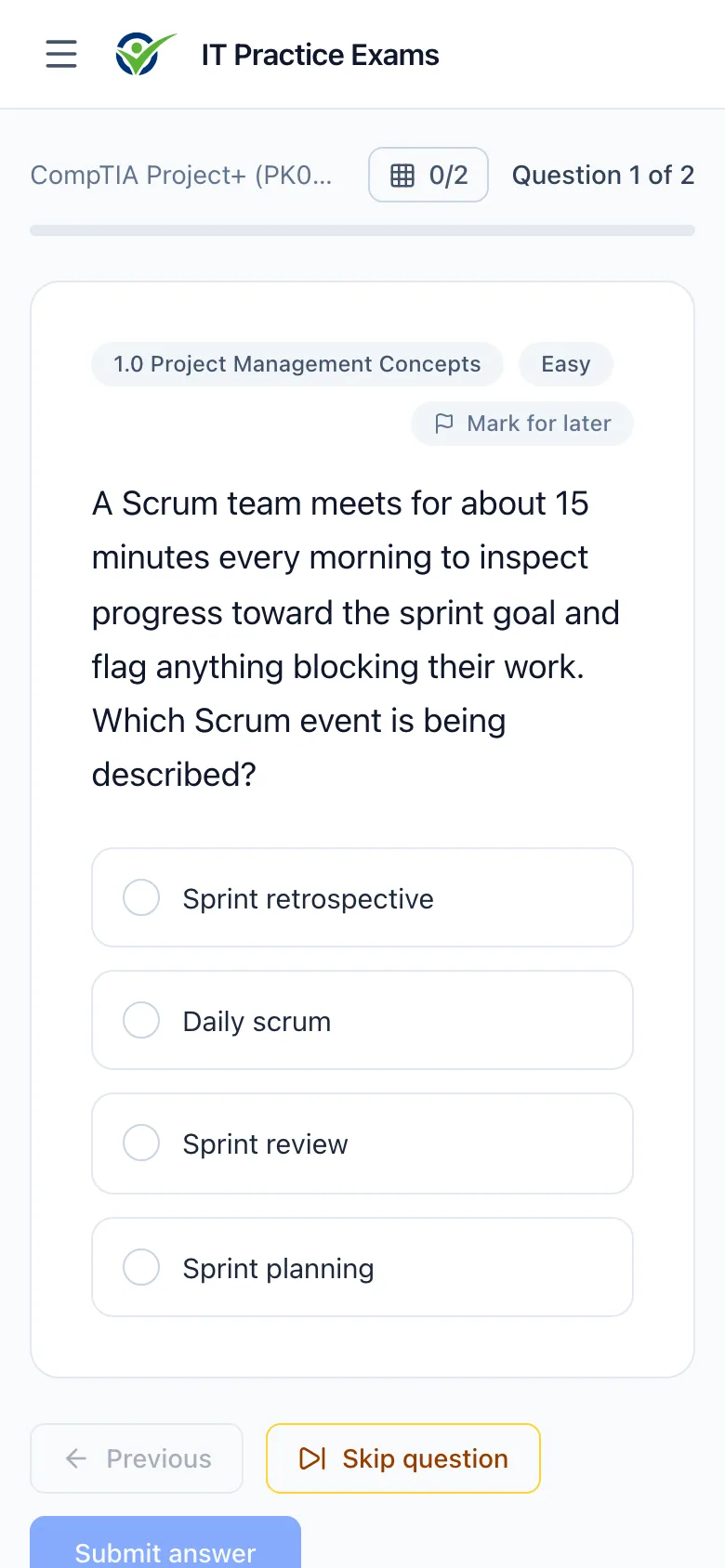 An Project+ practice question on a phone