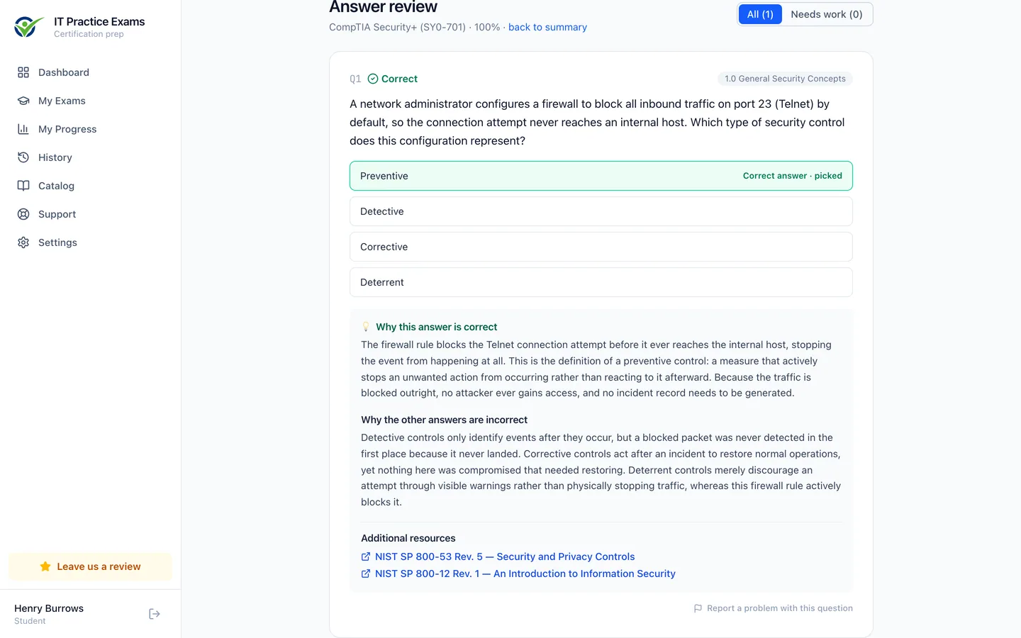 The Security+ answer review, showing each question graded with its full explanation